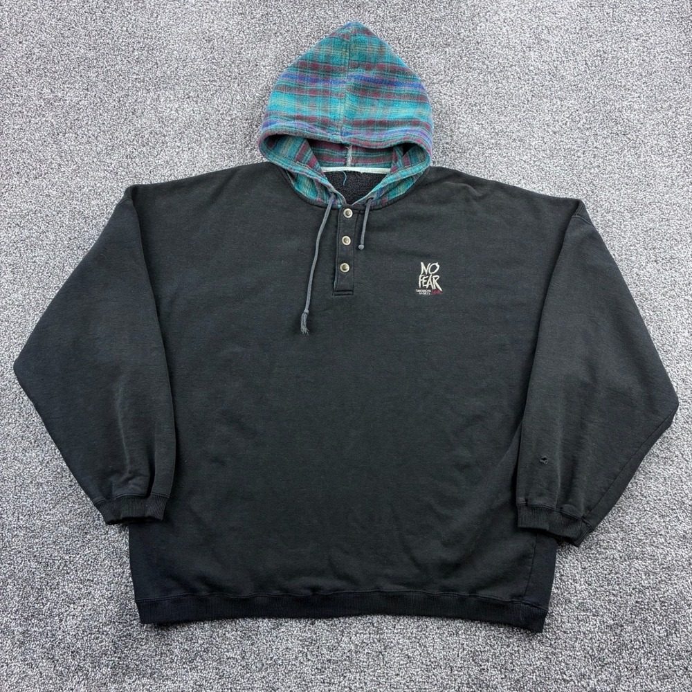 Vintage No Fear Hoodie Mens XL Black Plaid Hood Henley Pullover Embroidered